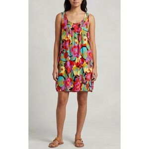 Water Lily Floral Sleeveless mini dress Sz L rayon tropical beach swim cover fun